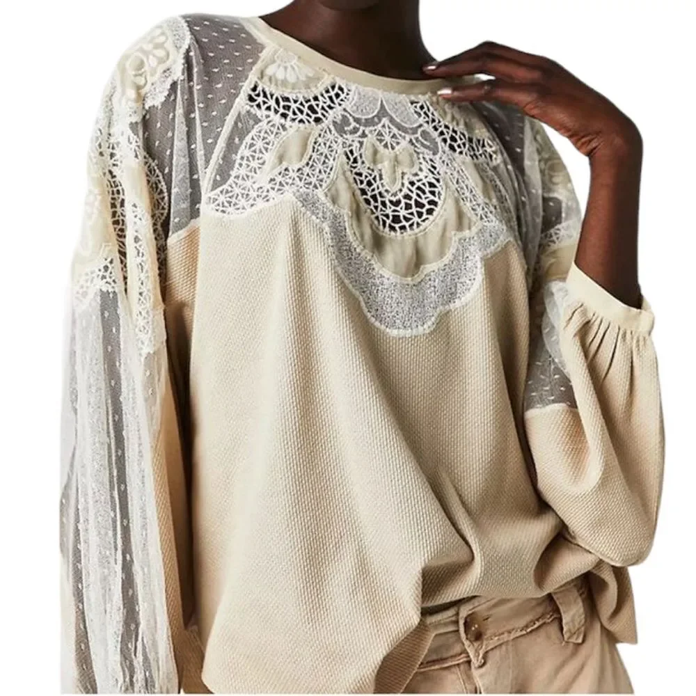 Free People Toni Boho Tunic Beige Lace Thermal Flowy Oversized Top Size Small